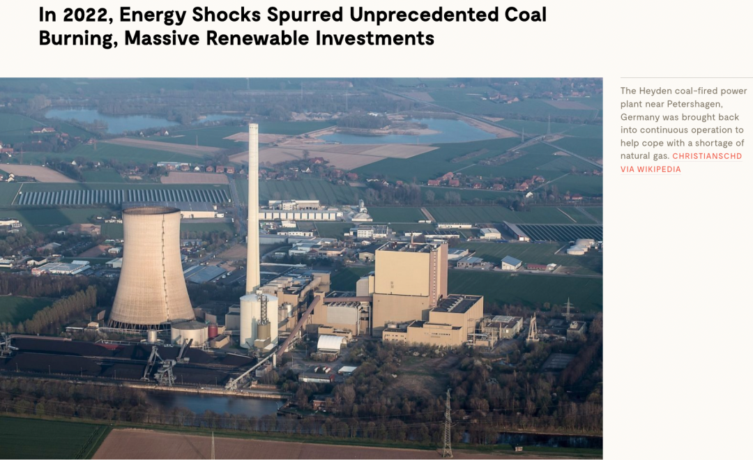 2022年能源危機導(dǎo)致煤炭消費反彈，但可再生能源投資上升更快